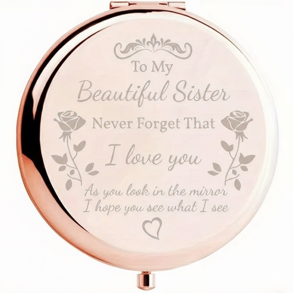Beautiful Sister-Rose Gold Compact Mirror Engraved “To My Beautiful Sister” NIB